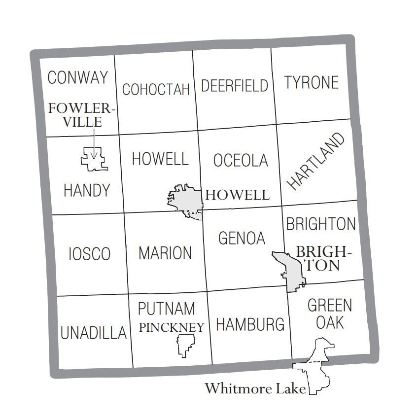 Township map of Livingston County, Michigan showing Howell, Brighton, Hartland, Fowlerville, Pinckney, and Genoa